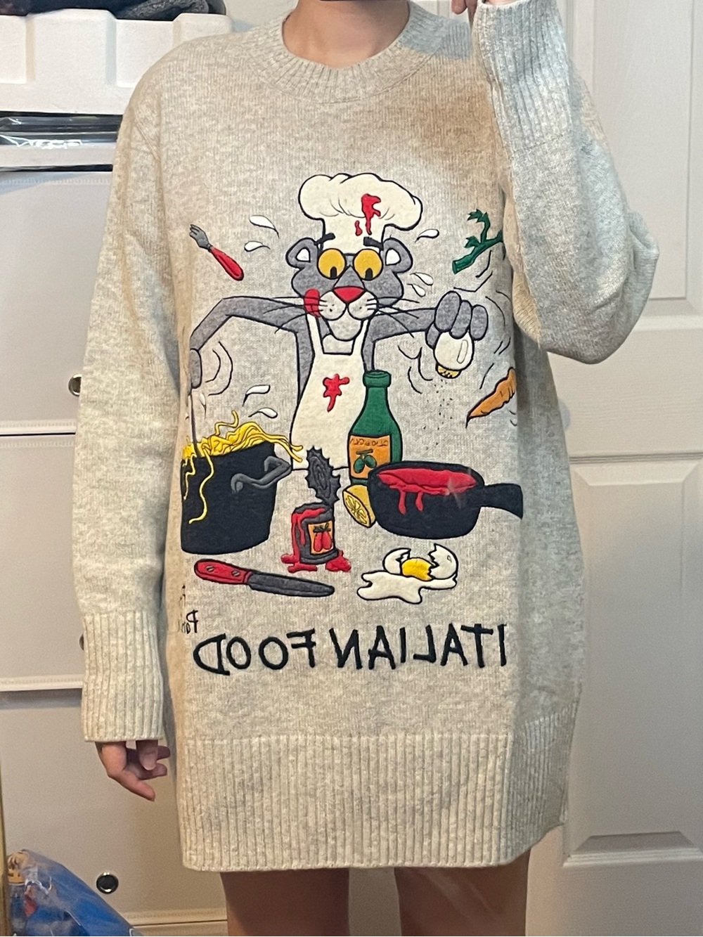 Vintage Long Sleeve Crew Neck Wool Blend Pink Panther Sweater Size 42 - Picture 12 of 13